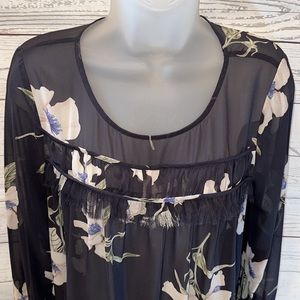 Pleione Blue Floral Print Blouse Top Shirt with Ruffle Detail Size Small